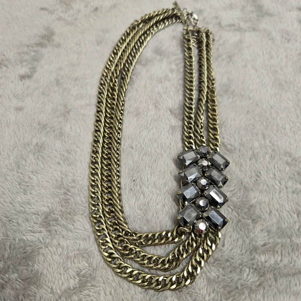 Erica Lyons Antiqued Brass Tone Triple Strand Curb Chain Hematite Stone Necklace